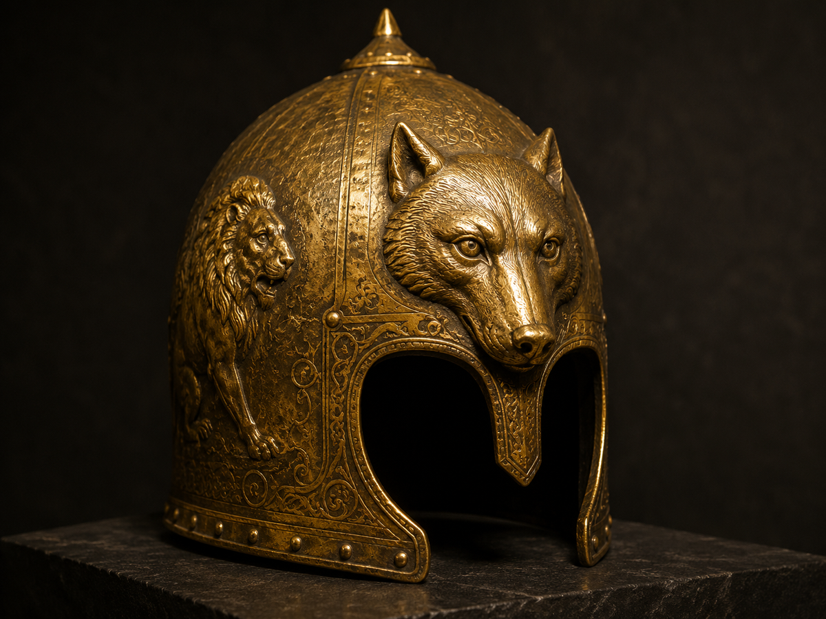The golden helmet of King Vakhtang, featuring a wolf and a lion—the source of his Persian nickname, Gorgasali.
