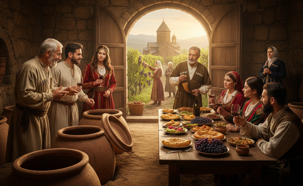 A short caption: family and guests raise glasses of red wine over a table of khachapuri and vegetables inside a stone cellar lined with clay qvevri.