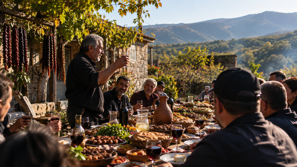 A traditional Georgian feast with wine, homemade food, churchkhela, and heartfelt toasts under autumn grapevines.