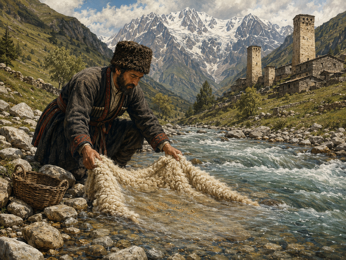 Illustration of a Svan man using a sheepskin in a mountain river to demonstrate the traditional gold-washing method associated with ancient Colchis and the Golden Fleece legend.