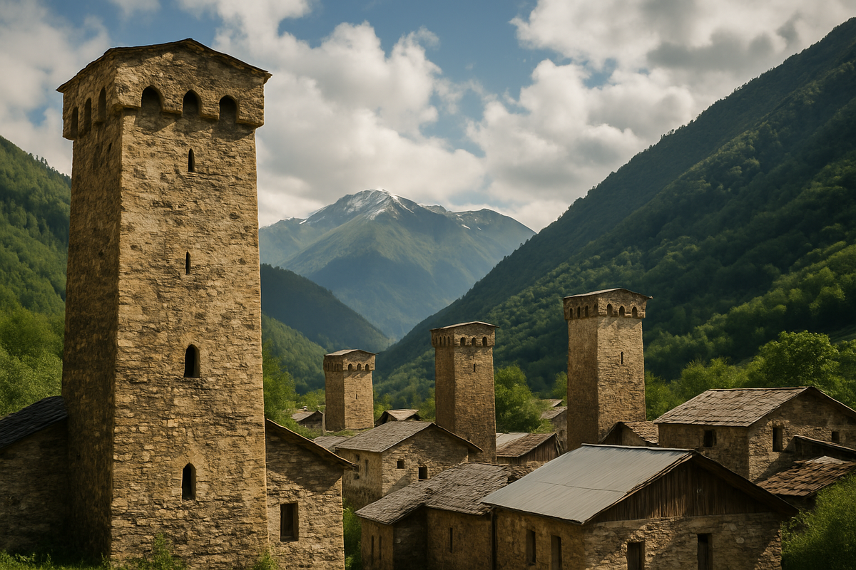 Ancient Svan towers stand above traditional stone houses, surrounded by forested valleys and towering Caucasus peaks.