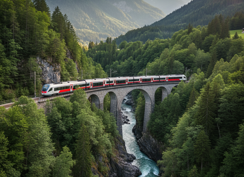 A red and white train crossing a stone arch bridge over a river gorge, surrounded by dense pine forest and snow-capped peaks.
