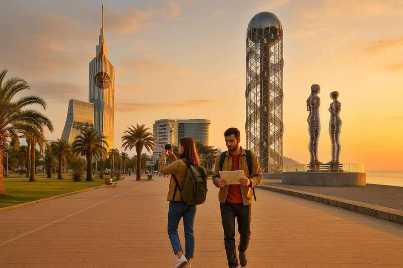 Tourists stroll along the Batumi embankment.