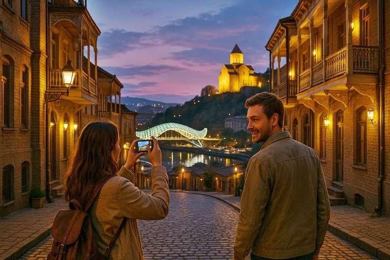 Tourists on the streets of Tbilisi at night