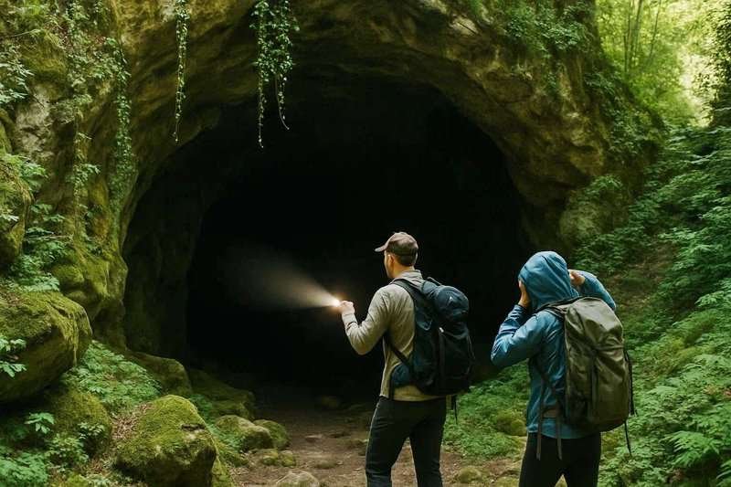 tourists in front of the entrance to the cave