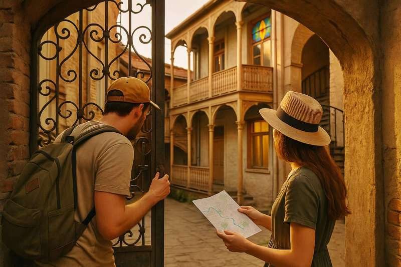 Tourists near an old house in Tbilisi