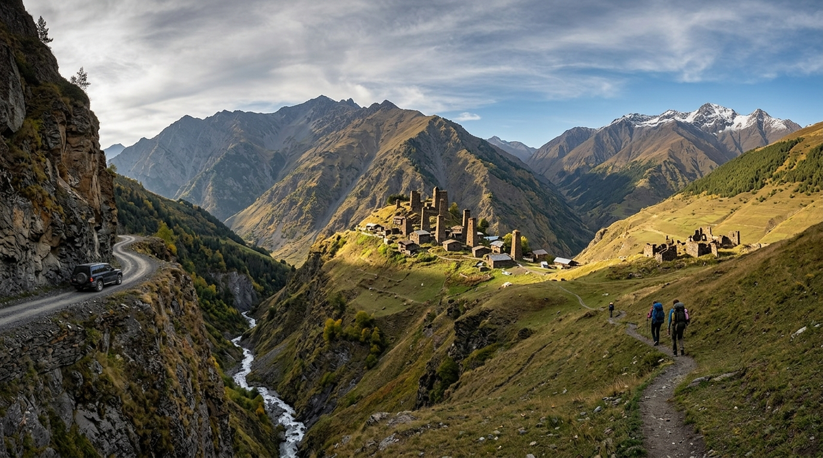 hikers follow a ridge path toward Tusheti's stone watchtowers, perched above a river gorge with the Abano Pass road cutting across the cliffs beyond.