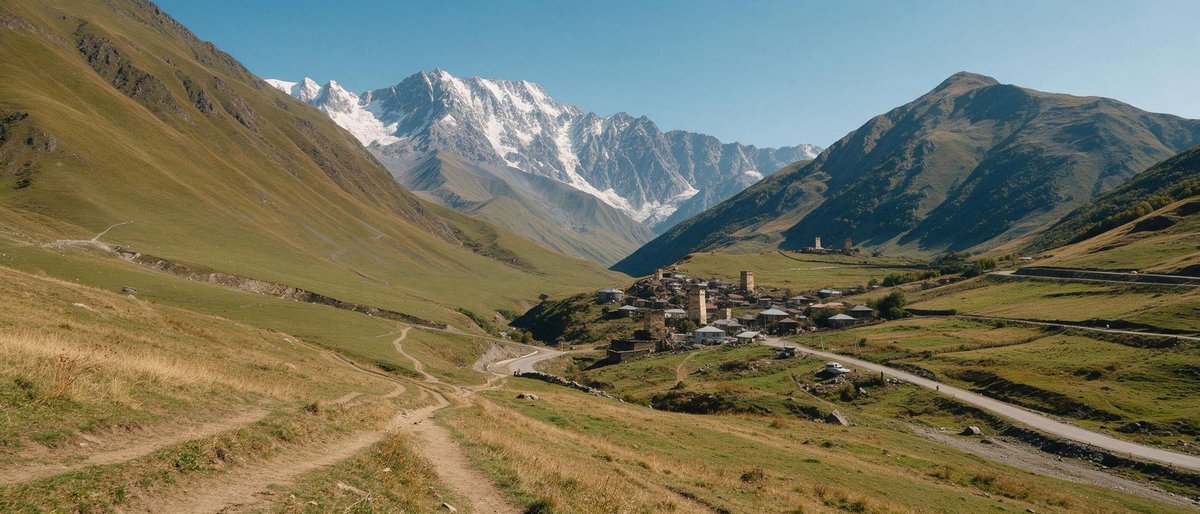 A short caption: the medieval Svan towers of Ushguli sit beneath the snow-capped peaks of the Greater Caucasus at the head of the valley.