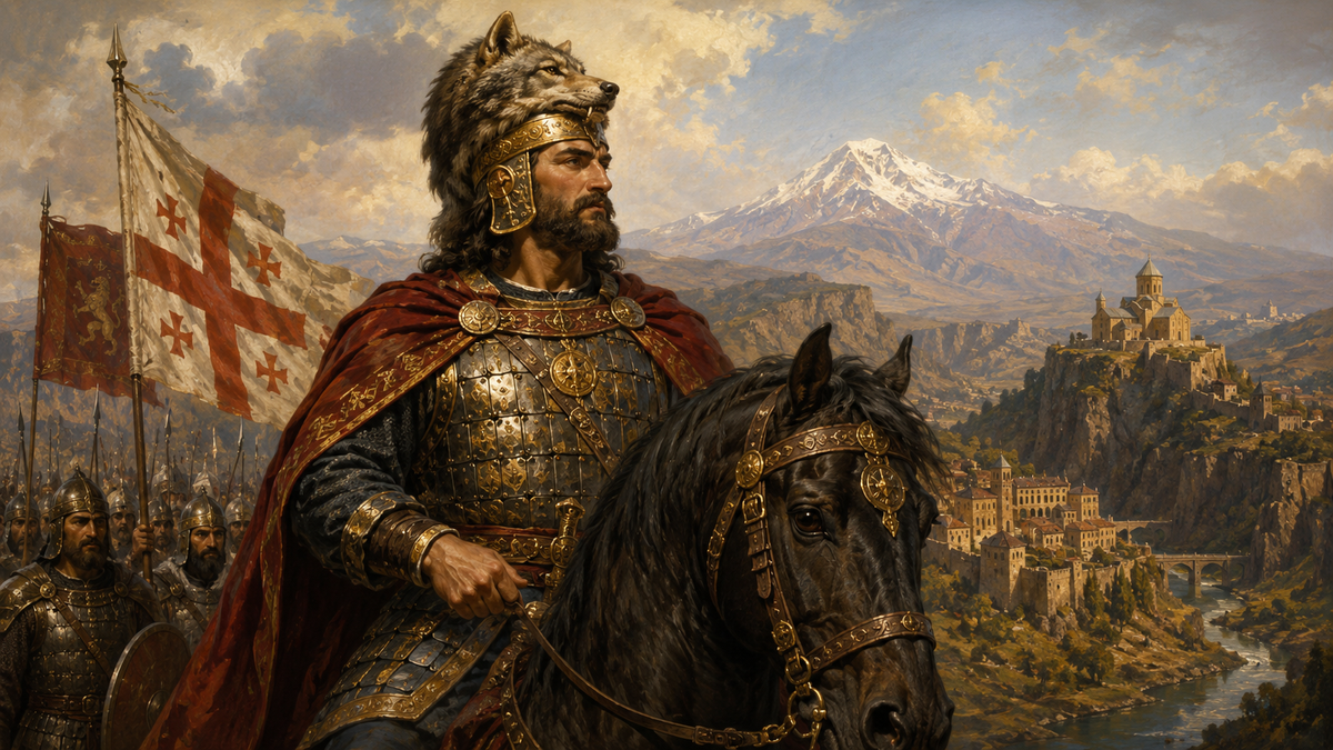 Epic historical illustration of King Vakhtang Gorgasali on horseback, wearing armor and a wolf-headed helmet, with Georgian banners, soldiers, Caucasus mountains, and the future city of Tbilisi in the background.