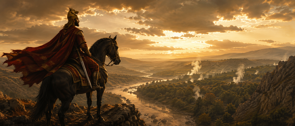 Vakhtang I Gorgasali on horseback above the Kura River: a 5th-century warrior-king and the founder of Tbilisi.