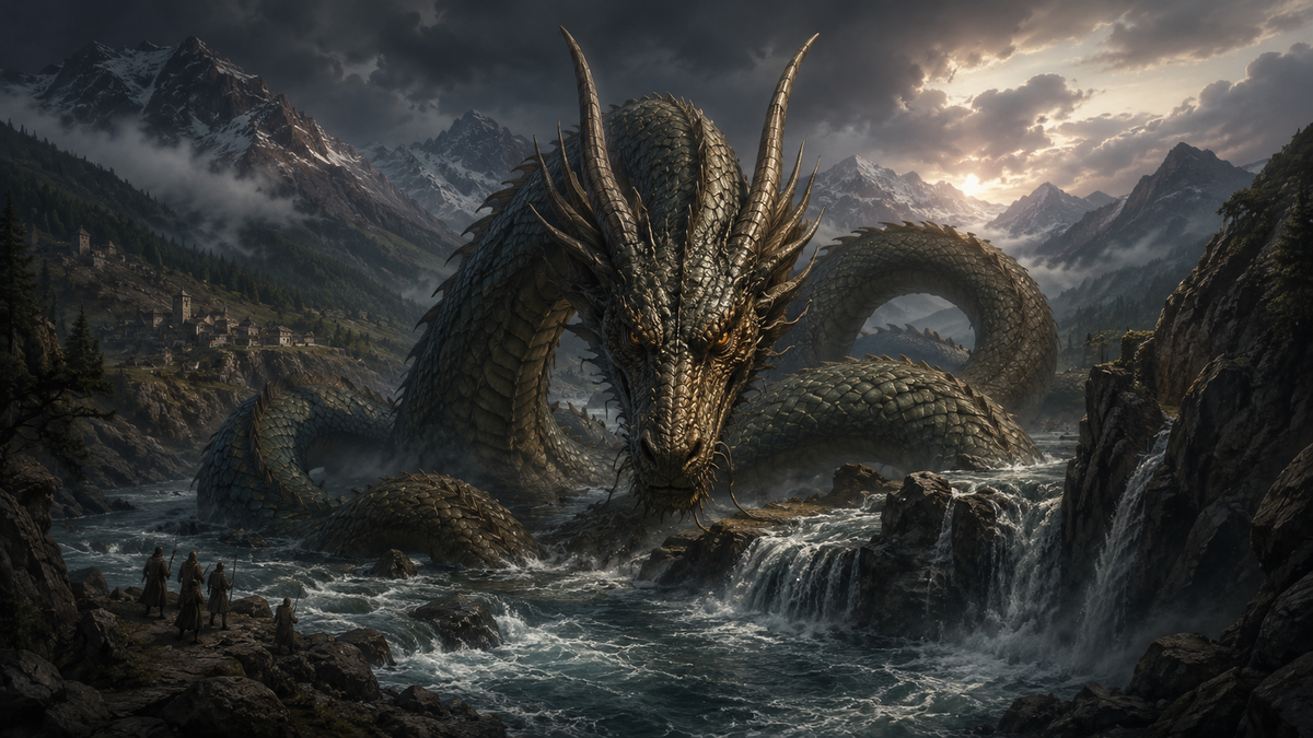 Dramatic fantasy illustration of Veshapi, a giant dragon-serpent from Georgian mythology, rising from a mountain river among Caucasus peaks, blocking the waters under a dark stormy sky while small human figures stand on the rocky shore.