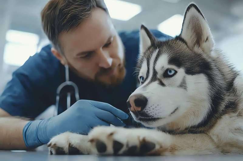 A veterinarian gently examining a husky with striking blue eyes in a modern clinic.