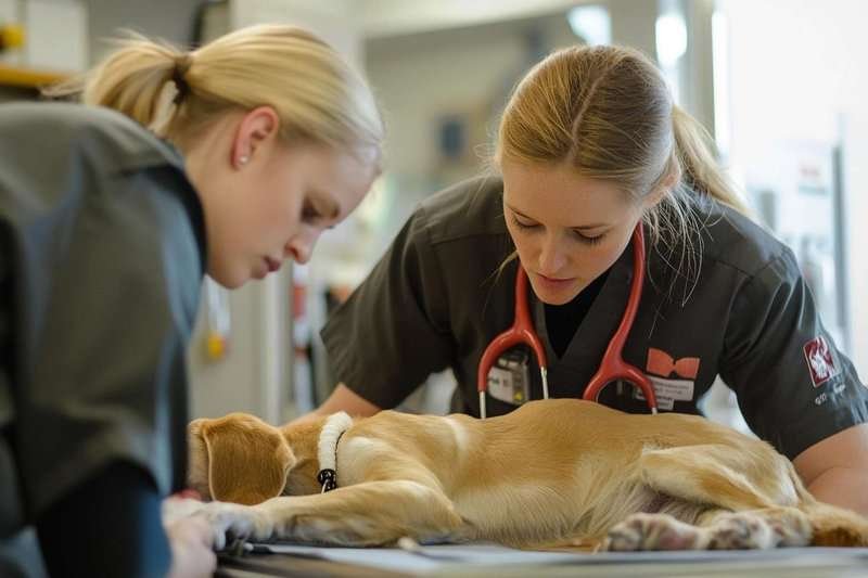 Two veterinary professionals carefully examining a dog during a check-up at a clinic.