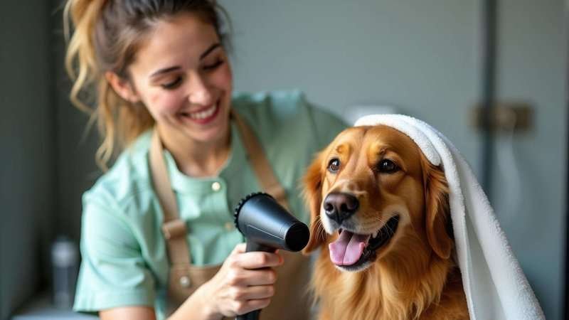 A smiling groomer gently drying a happy dog after a bath in a pet care studio.