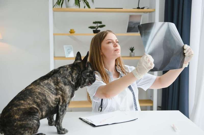 A veterinarian examines an X-ray film while a curious cat stands on the clinic table nearby.