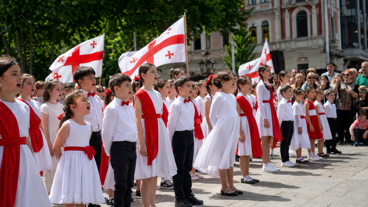 Children’s choir performing during Georgia’s Independence Day celebration in Tbilisi under bright spring sunlight.