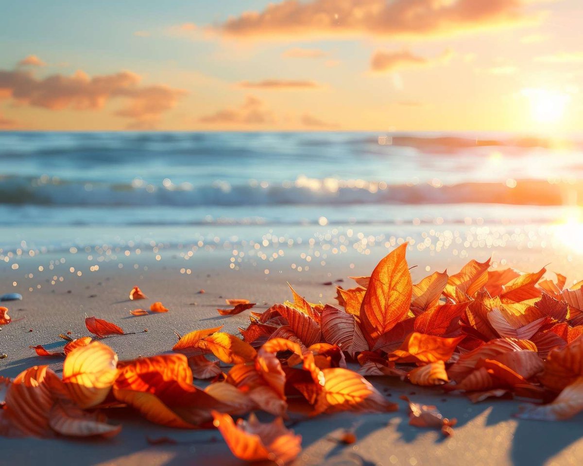 A short caption: fallen orange and red leaves scatter across the wet sand as the sun sets over the warm autumn sea.