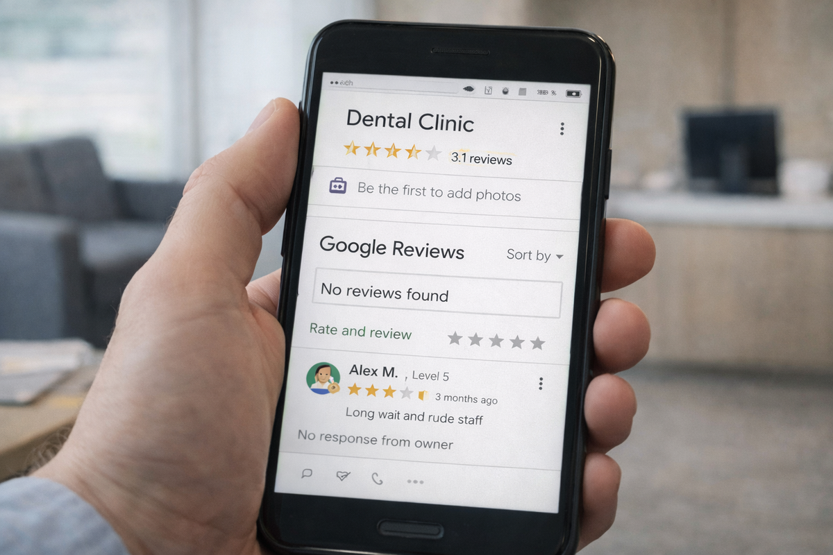 A person holds a smartphone displaying a dental clinic profile with low ratings, few reviews, and no responses from the business.