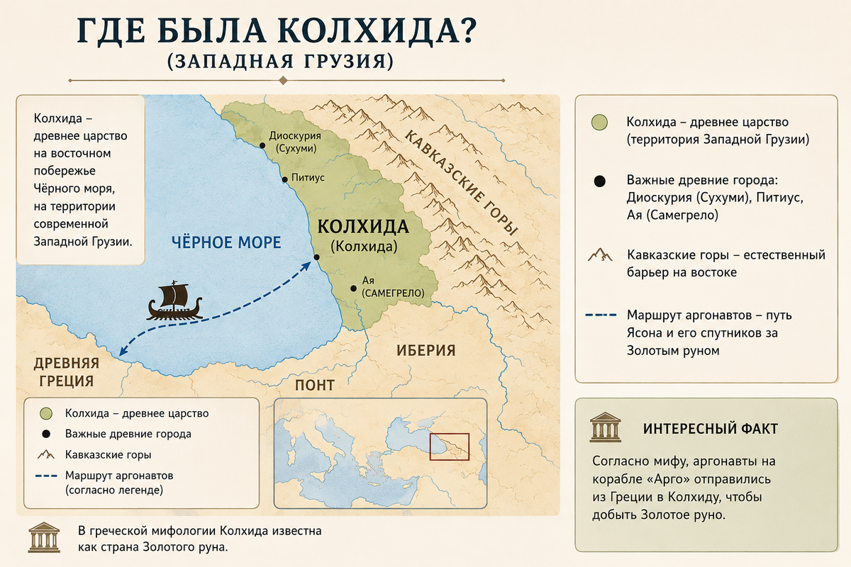 Russian-language infographic map showing where ancient Colchis was located in Western Georgia, with the Black Sea, Caucasus Mountains, ancient cities, and the legendary route of Jason and the Argonauts.