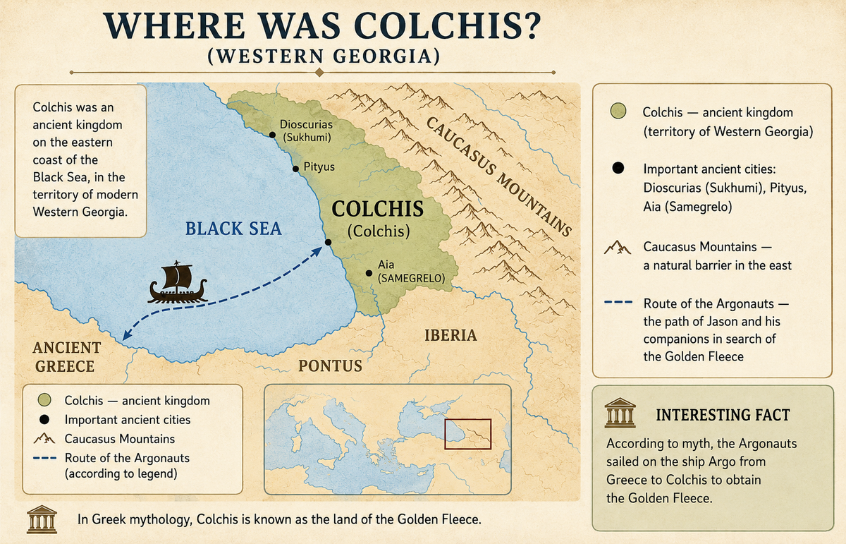 English-language infographic map showing ancient Colchis on the eastern coast of the Black Sea in modern Western Georgia, including key ancient cities, the Caucasus Mountains, and the mythical route of the Argonauts.