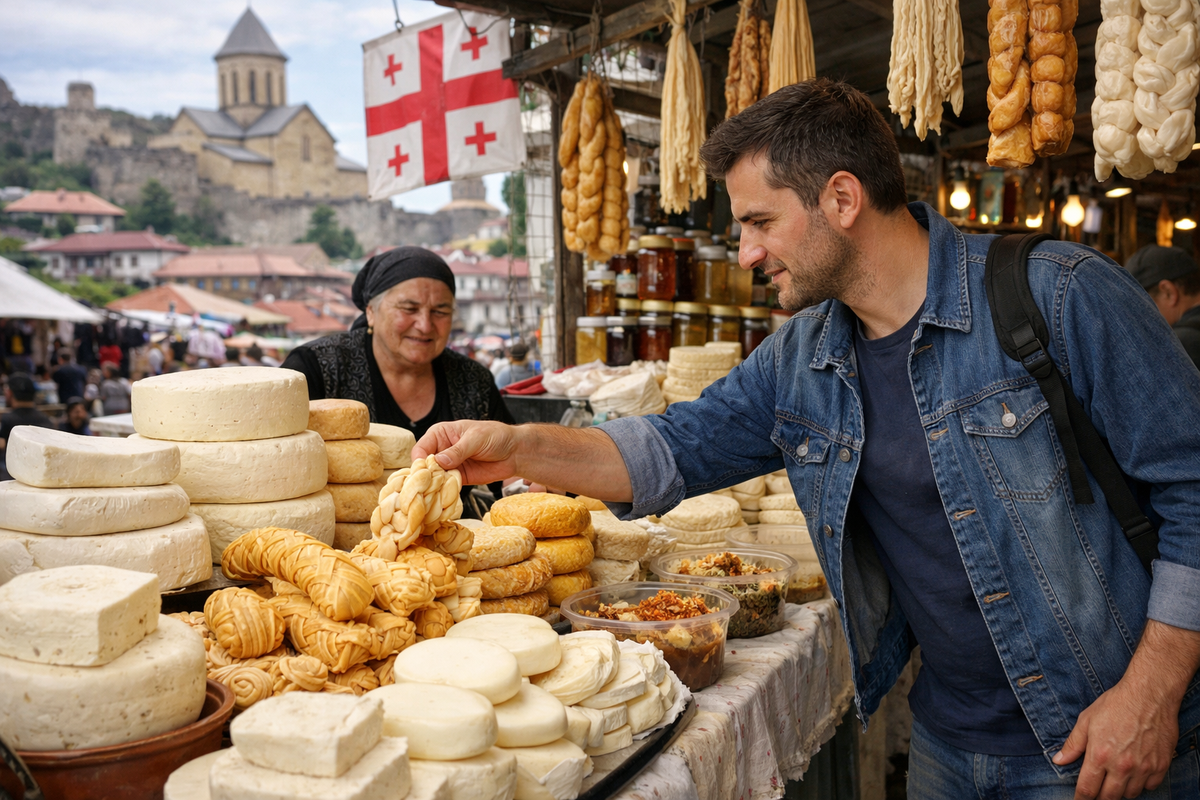 A man buys cheese at the market