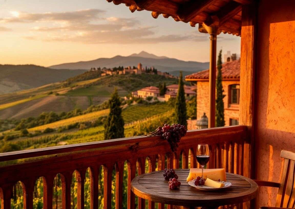 a cozy hotel or guesthouse balcony with wooden railing, a small table with a glass of red wine, a cheese plate, and a sprig of grapes