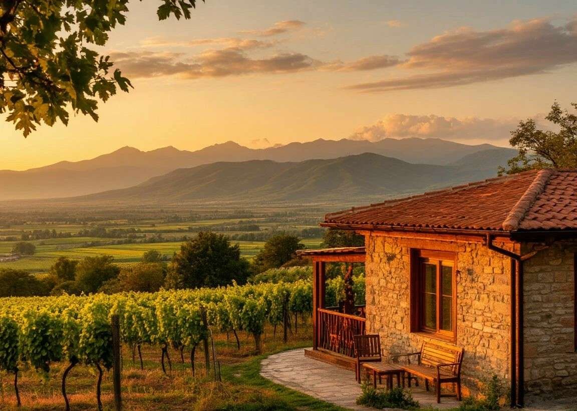 A cozy guesthouse is in the foreground. In the background is the Alazani Valley, vineyards, and the Caucasus Mountains