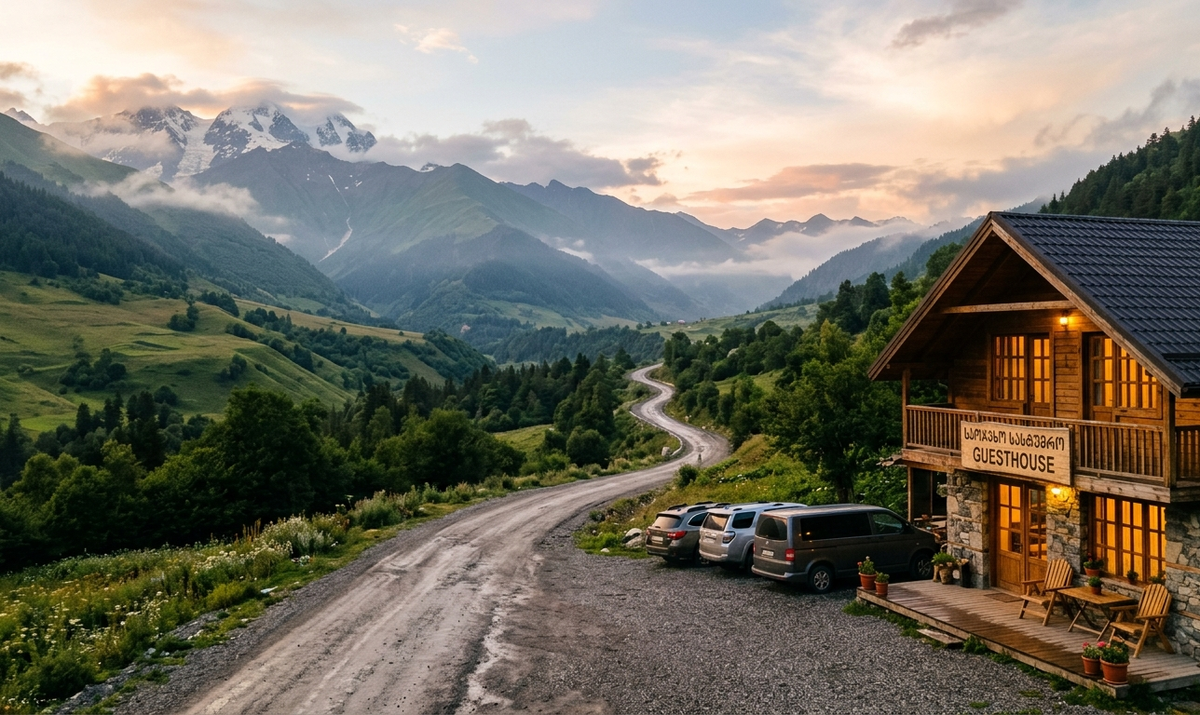 a cozy roadside guesthouse with a few parked cars, warm glowing windows, a small terrace with chairs, and a sign "Guesthouse"