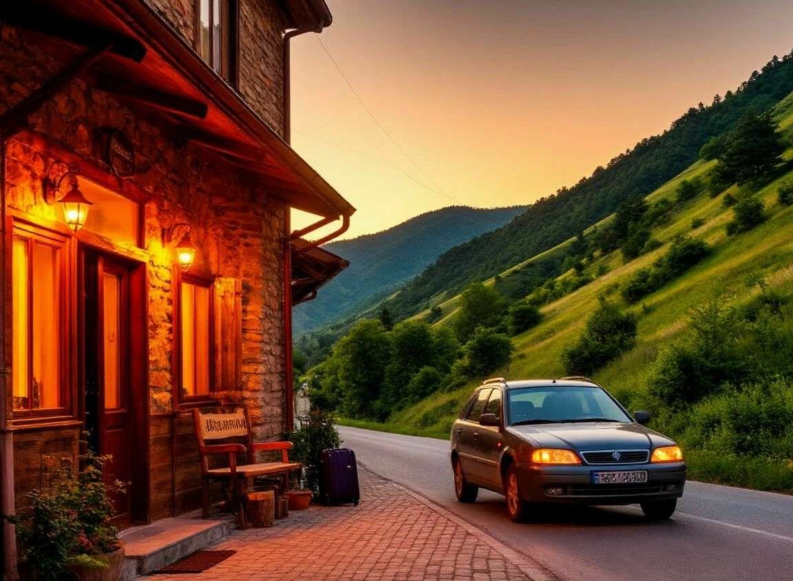 Cozy roadside guesthouse in Georgia, route Tbilisi to Borjomi, family car parked, warm evening light