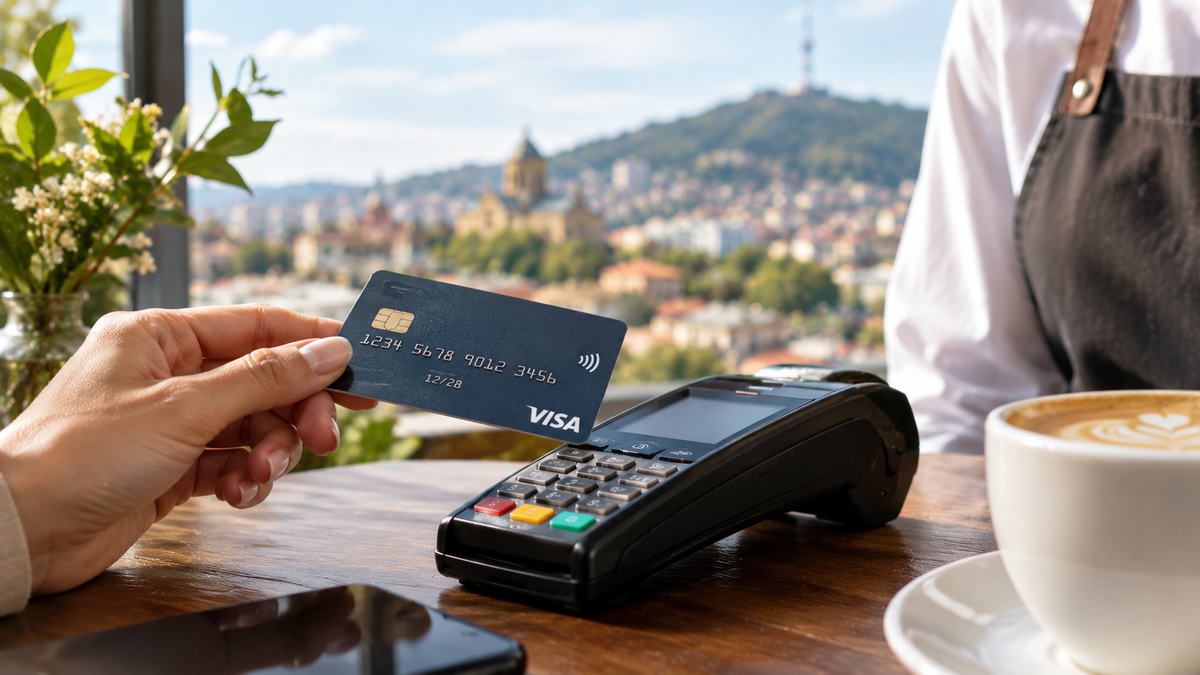 A customer taps a Visa card on a payment terminal at a Tbilisi rooftop café, with the city and Mtatsminda hill visible through the window.