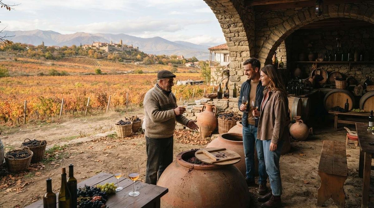 A winemaker chatting with visitors holding wine glasses beside clay qvevri jars, with autumn vineyards and a hilltop village in the background.