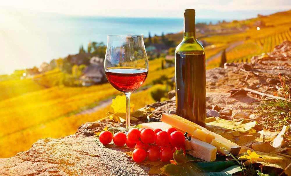 Wine and cheese against the backdrop of sunset in Georgia
