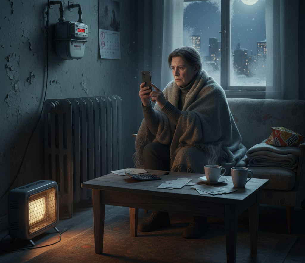 A woman wrapped in a blanket beside a radiator and space heater, photographing a wall-mounted gas meter with her phone, with a snowy city view and full moon outside.