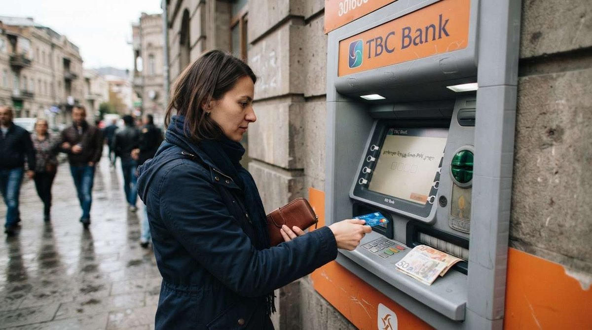A woman entering her PIN and holding a wallet and banknotes at a TBC Bank ATM on a busy sidewalk.