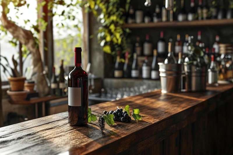 a bottle of wine sitting on top of a wooden