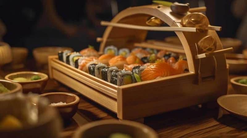 wooden tray with sushi
