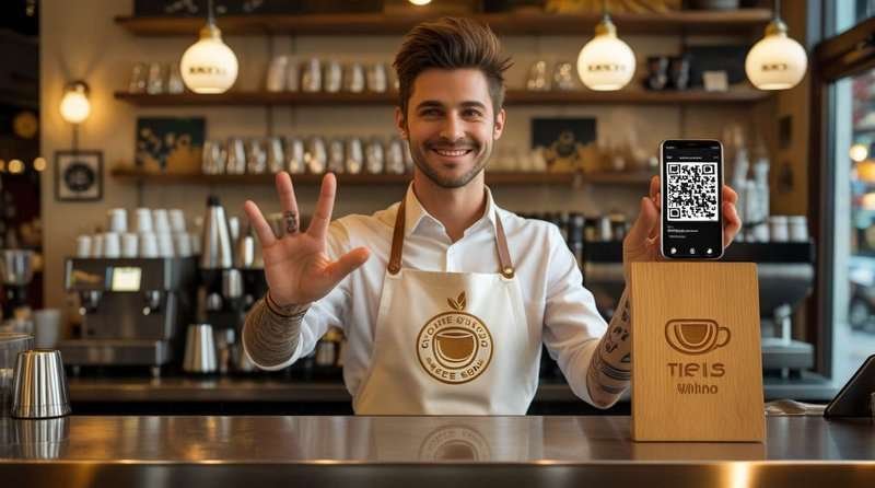 A bartender at a coffee shop offers a customer a QR code to write a review on a smartphone.