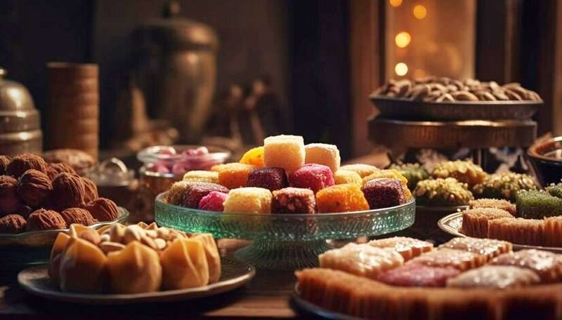 a large table with Georgian sweets