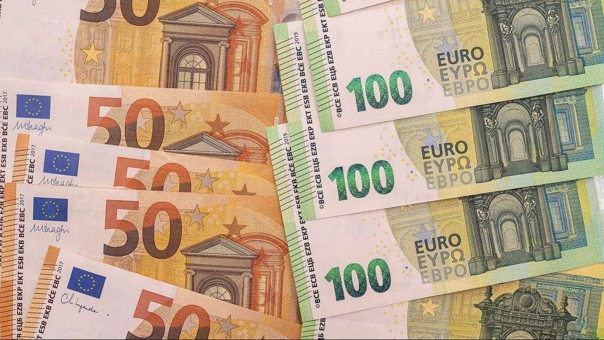 colorful different denominations euro banknotes