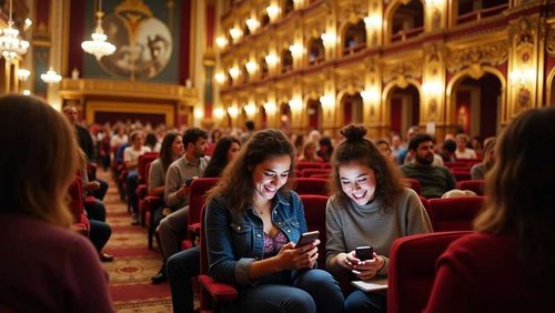 Two happy girls in the foreground in a concert hall write reviews on a smartphone
