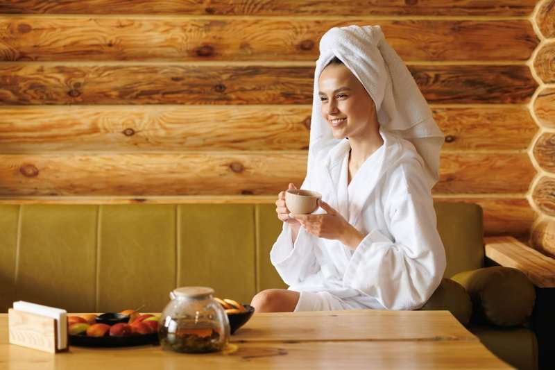 A girl with a cup of tea after a sauna
