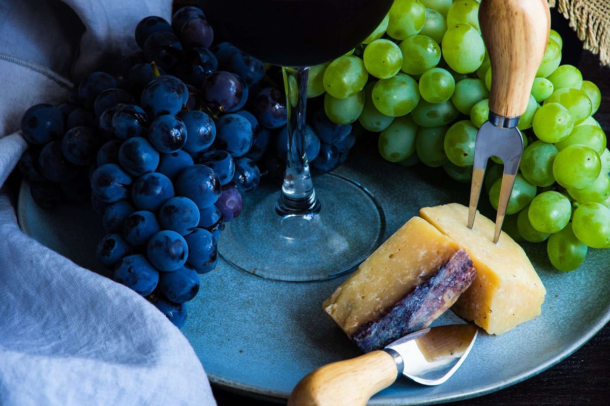 wine, grapes and cheese