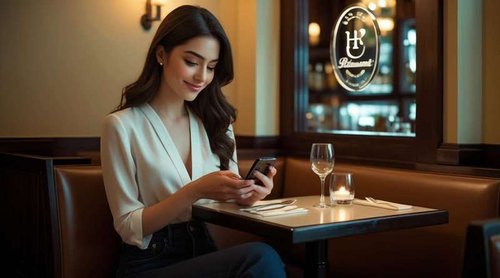 A beautiful girl sitting at a table in a restaurant writes a review on a smartphone