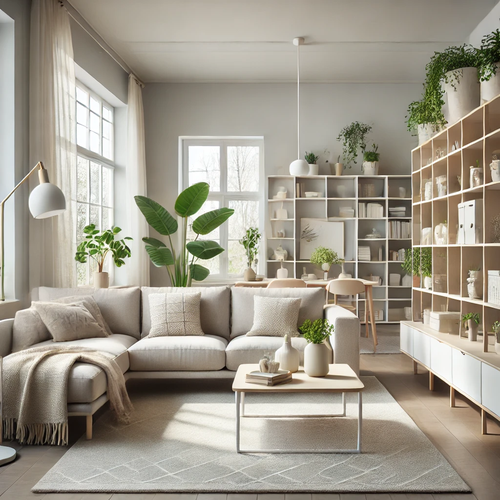 living room with IKEA furniture in neutral tones, featuring a comfortable beige sofa, white bookshelves, a light wooden coffee table