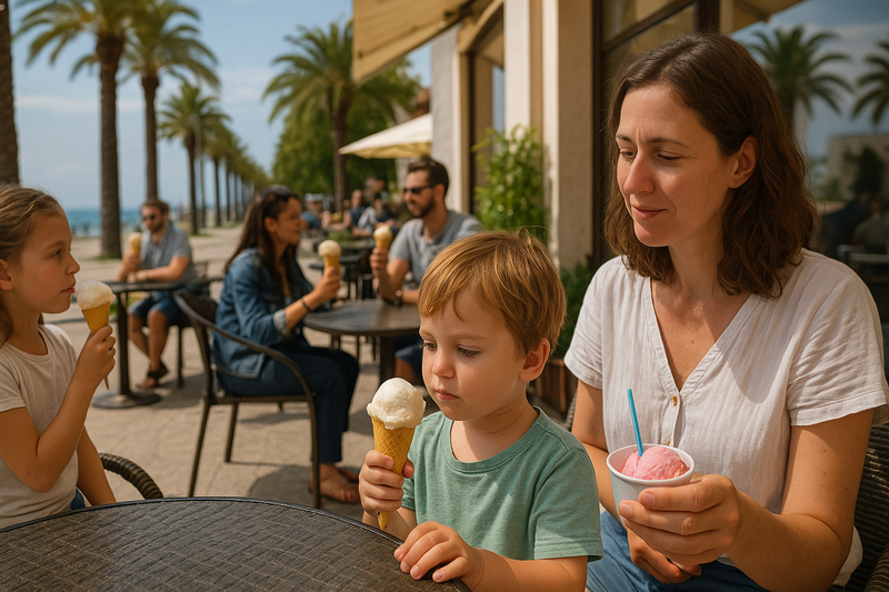 A mother and her children eat ice cream on the embankment