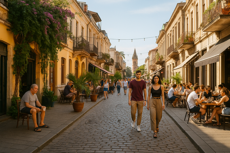 A young couple strolls through old Batumi