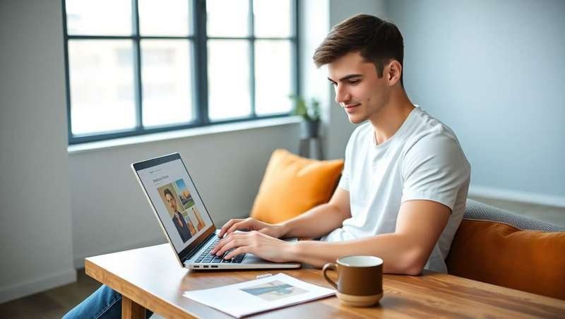 A young man at a laptop screen adds photos to publications on Yandex Business.