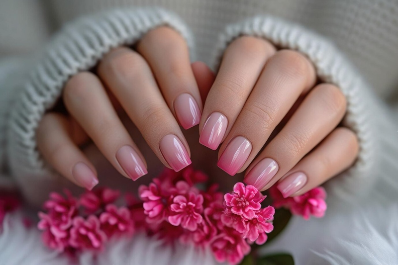 Woman's hands with elegant pink gradient manicure
