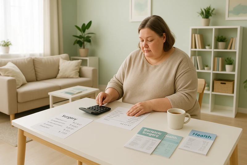 A fat woman counts at the table