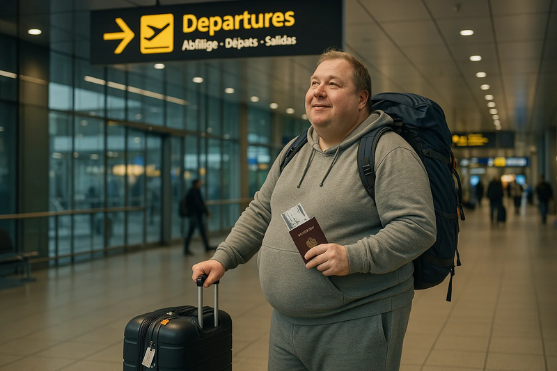 a fat man with a suitcase in the arrivals area